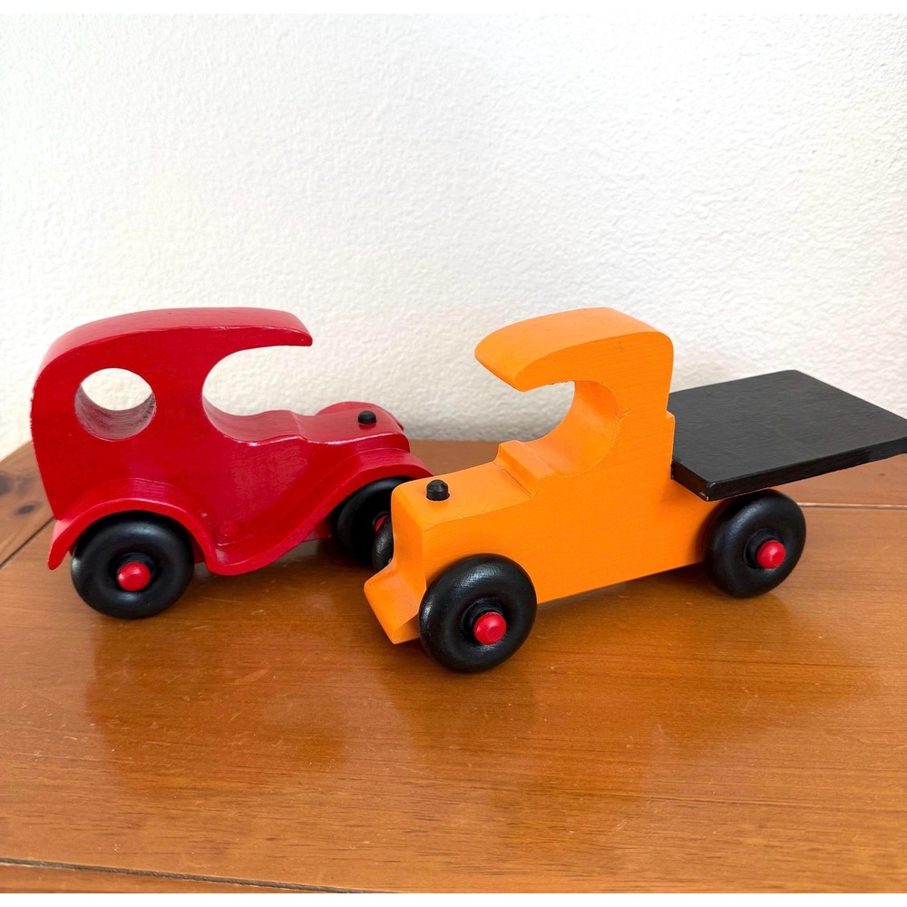 Pair Vintage Look Handcrafted Wood Push Car And Truck Stocking‎ Stuffer Gift